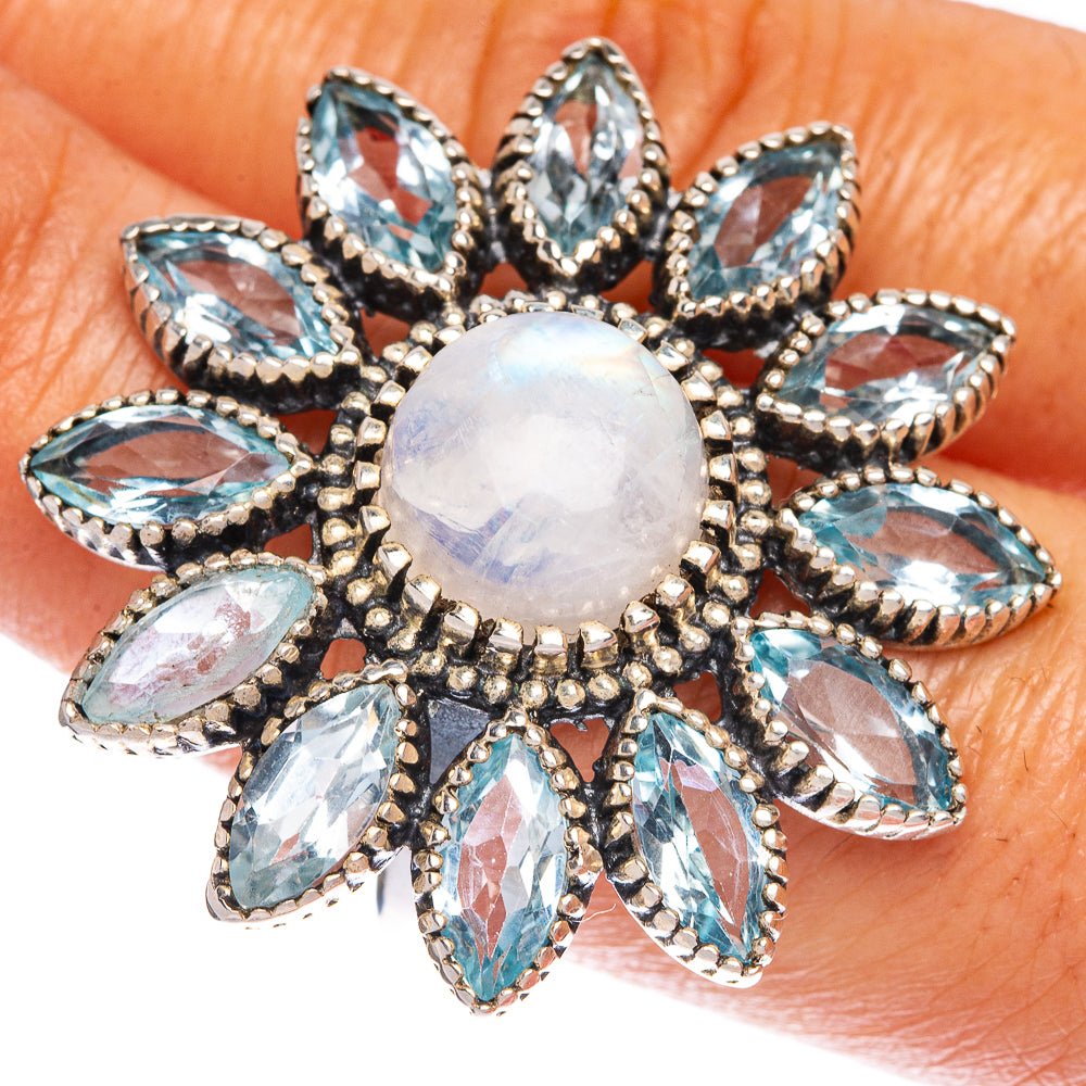 Large Rainbow Moonstone, Blue Topaz Ring Size 7.75 (925 Sterling Silver) R1059