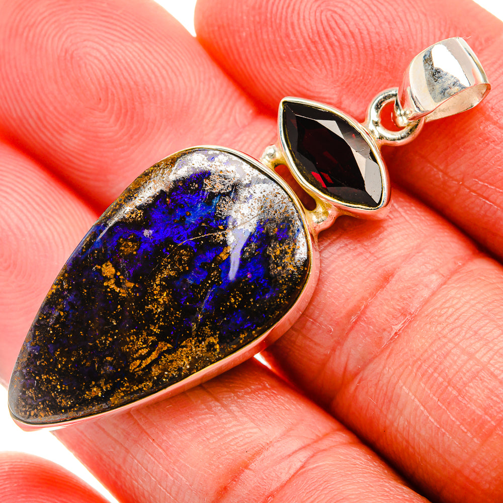 Boulder Opal, Garnet Pendant 2" (925 Sterling Silver) PD38216