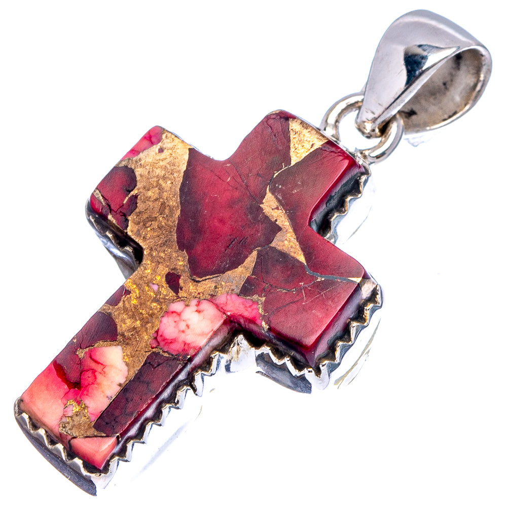 Native Style Red Dahlia Mohave Turquoise Cross Pendant 1 1/4" (.925 Sterling Silver)