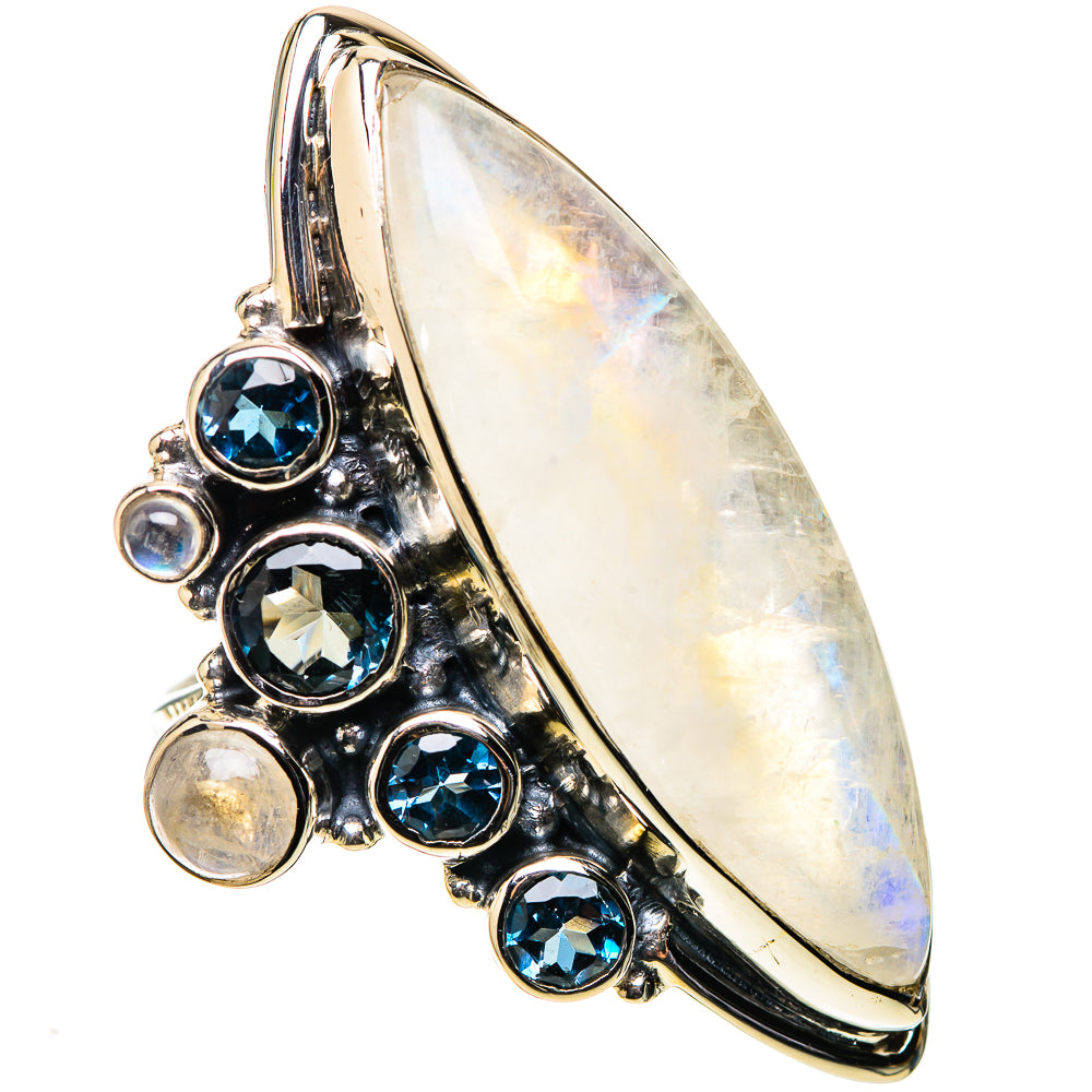 Signature Huge Rainbow Moonstone, Blue Topaz Ring Size 8.25 (925 Sterling Silver) RING138156