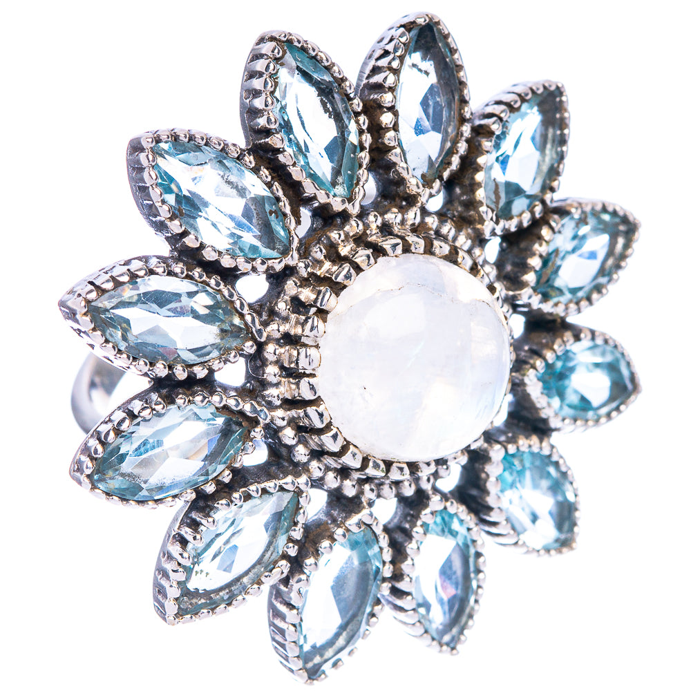 Huge Rainbow Moonstone, Blue Topaz Flower Ring Size 7 (925 Sterling Silver) R147174