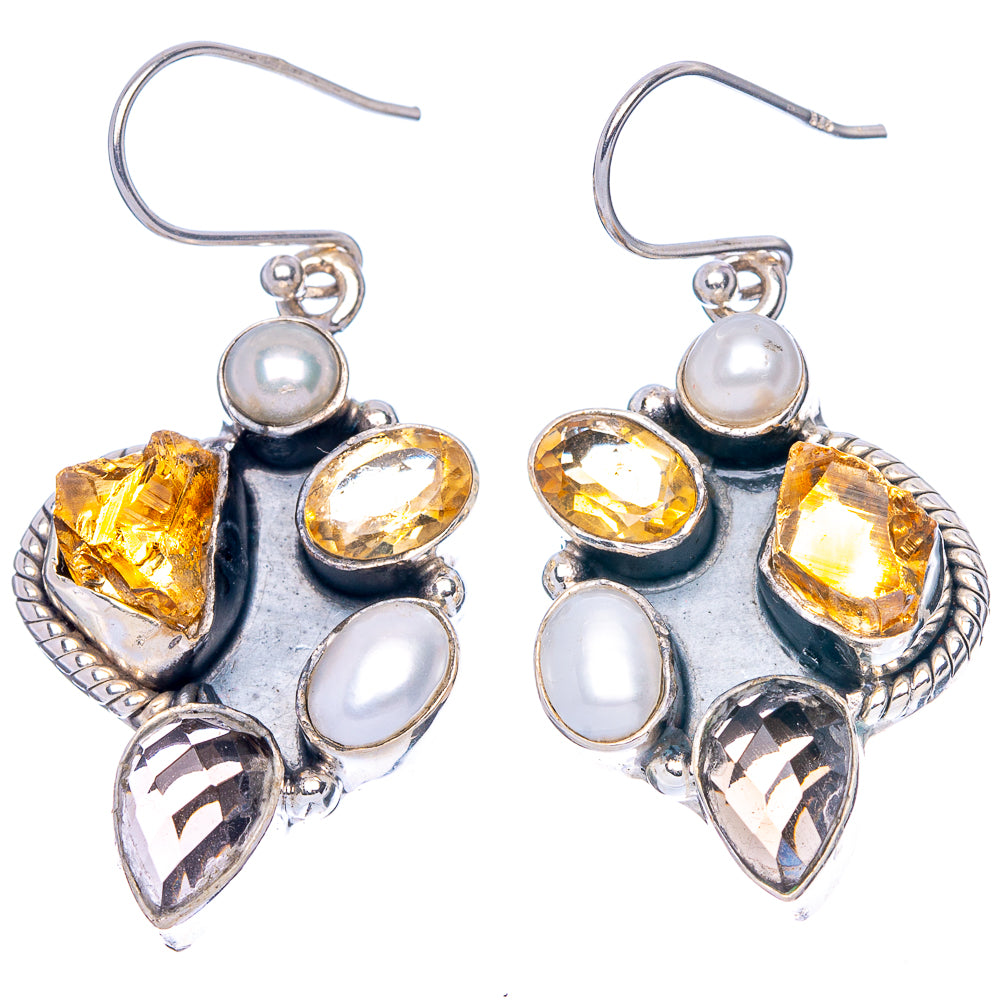 Premium Rough Citrine, Smoky Quartz, Cultured Pearl Earrings 1 3/4" (925 Sterling Silver) E1685