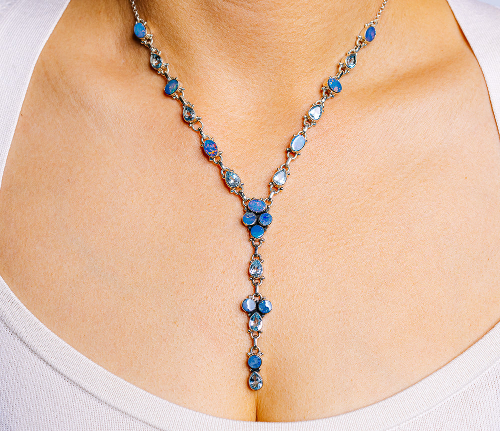 Doublet Opal, Blue Topaz Necklace 18 to 20" (.925 Sterling Silver)