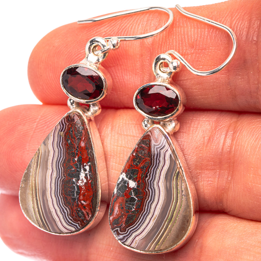 Crazy Lace Agate, Garnet 925 Sterling Silver Earrings 1 5/8" (925 Sterling Silver) EARR432232