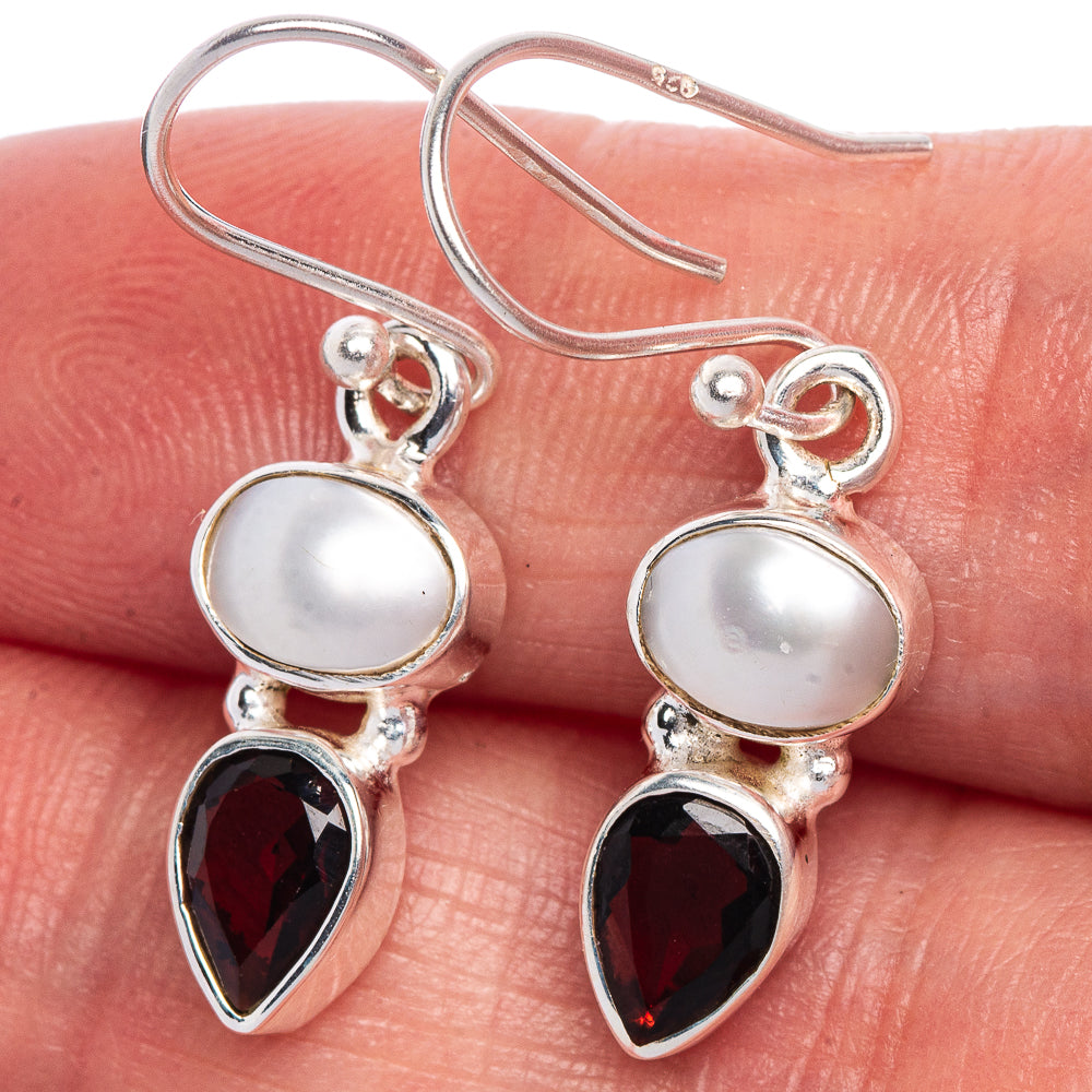 Cultured Pearl, Garnet Earrings 1 1/4" (925 Sterling Silver) E433514