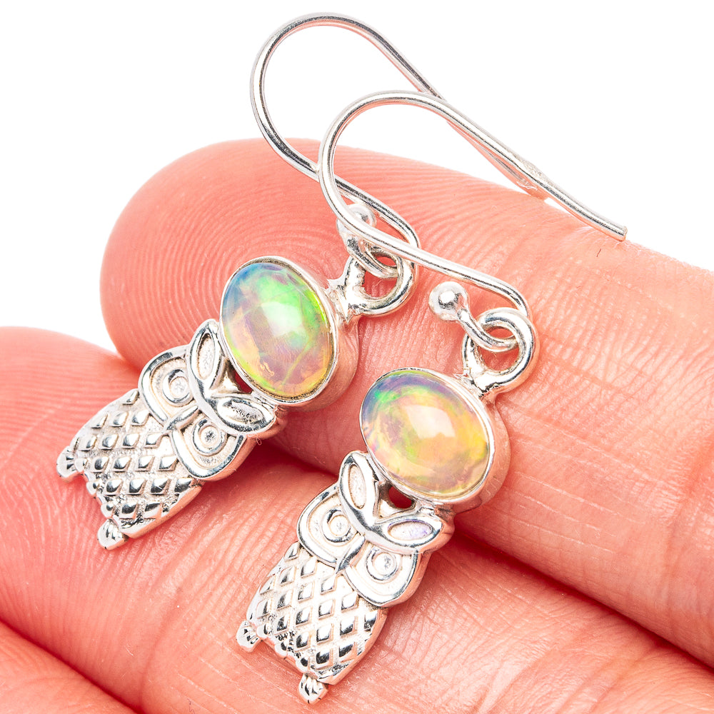 Rare Ethiopian Opal Owl Earrings 1 3/8" (925 Sterling Silver) E1545