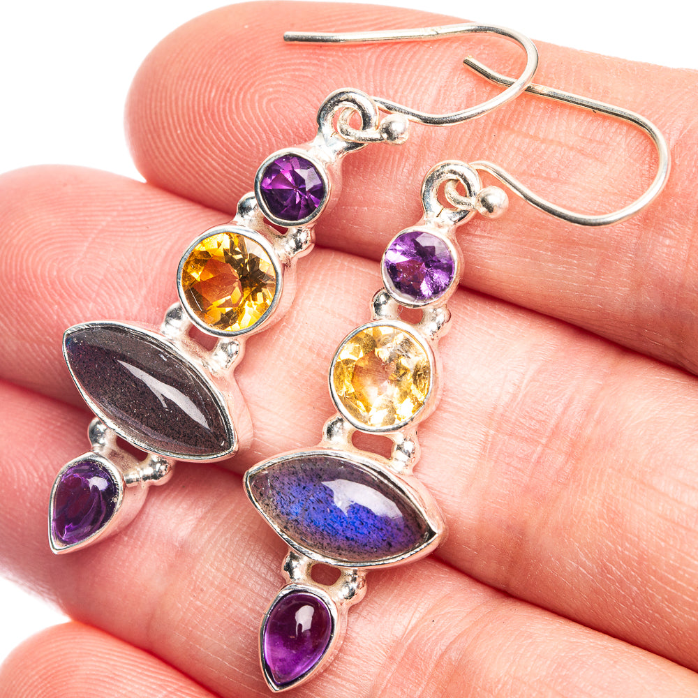 Labradorite, Citrine, Amethyst Earrings 1 3/4" (925 Sterling Silver) E432637