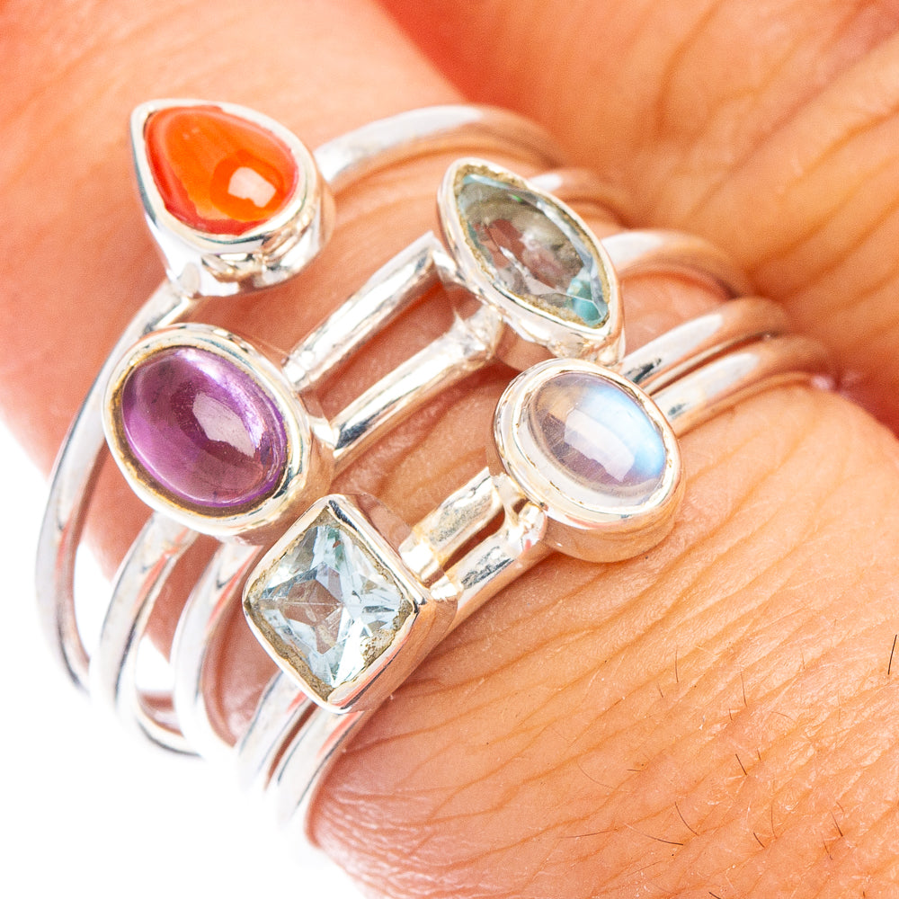 Amethyst, Rainbow Moonstone, Blue Topaz, Red Coral Ring Size 7 (925 Sterling Silver) R7461