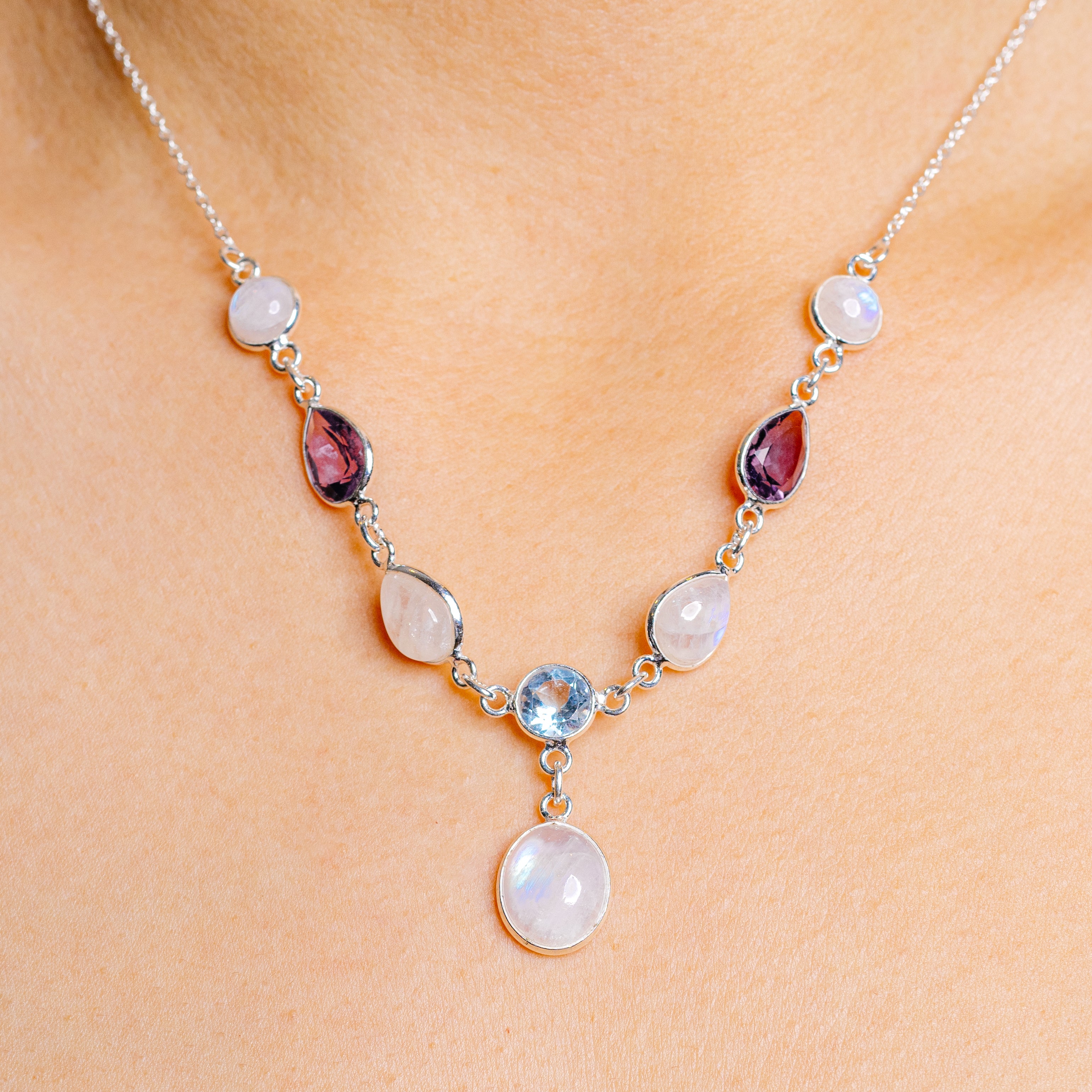 Rainbow Moonstone, Blue Topaz, Garnet Necklace 16 to 18" (.925 Sterling Silver)