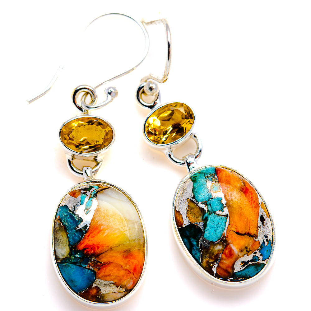 Spiny Oyster Turquoise, Citrine Earrings 1 3/4" (925 Sterling Silver) EARR432098