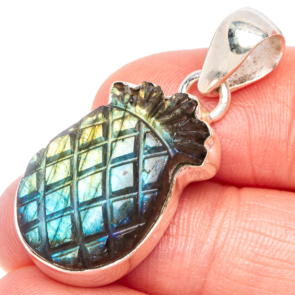 Carved Labradorite Pineapple Pendant 1 3/8" (925 Sterling Silver) P44213
