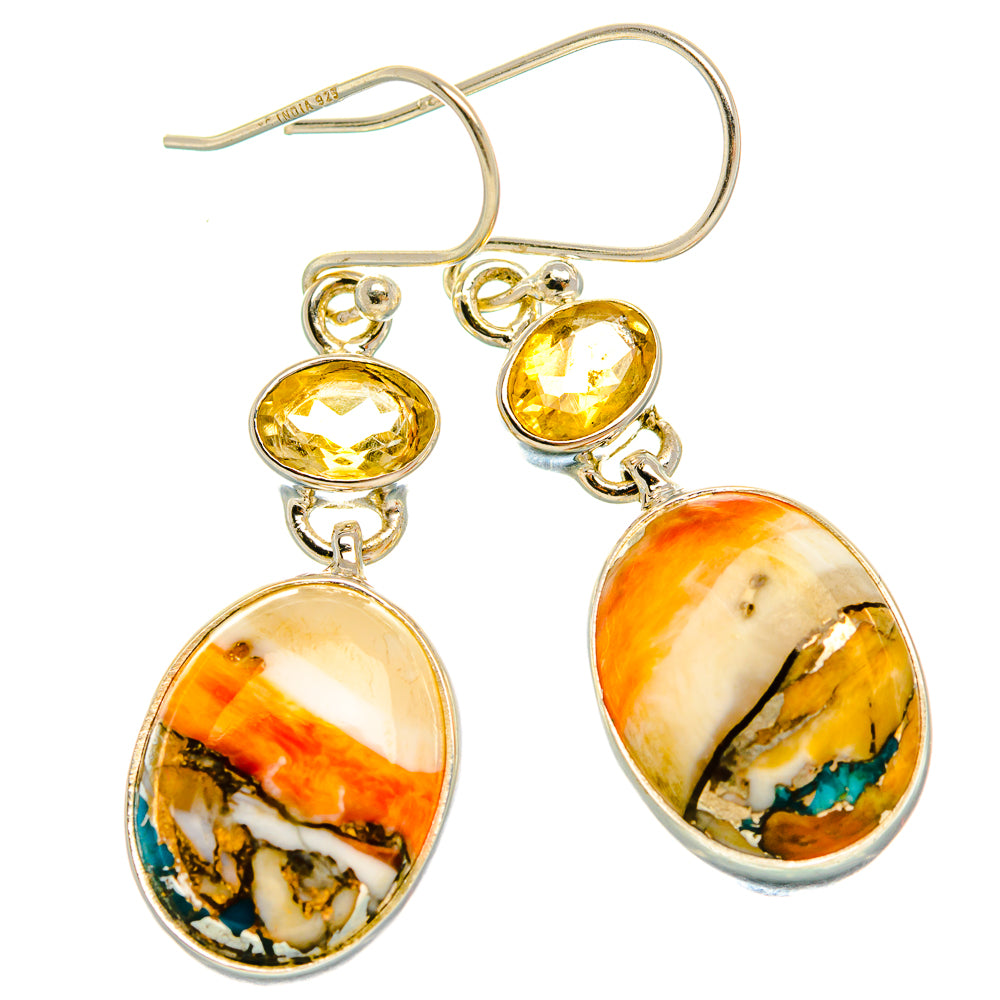 Spiny Oyster Turquoise, Citrine Earrings 1 5/8" (925 Sterling Silver) EARR432055