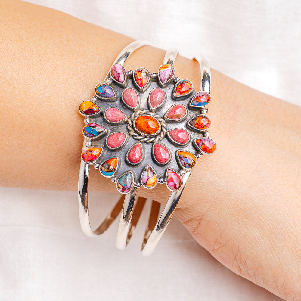 Sponge Coral, Rhodonite, Pink Dahlia Turquoise Cuff Bracelet Adjustable (.925 Sterling Silver)