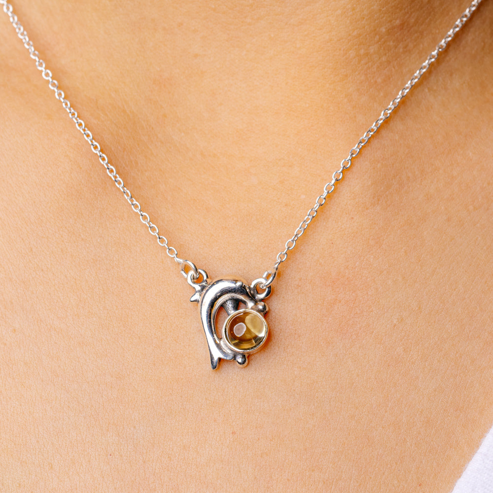 Citrine Dolphin Necklace 16 1/2 To 18 1/8" (925 Sterling Silver) N90147