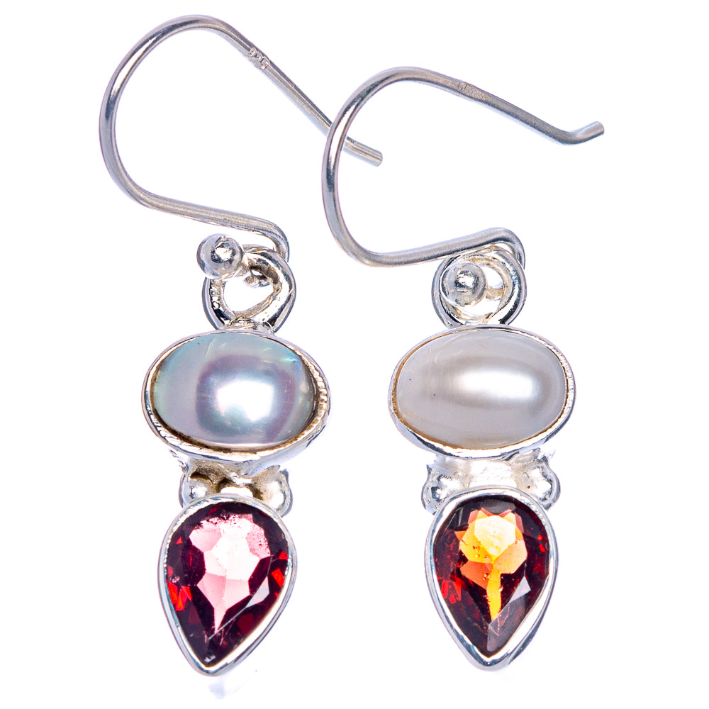 Cultured Pearl, Garnet Earrings 1 1/4" (925 Sterling Silver) E1047