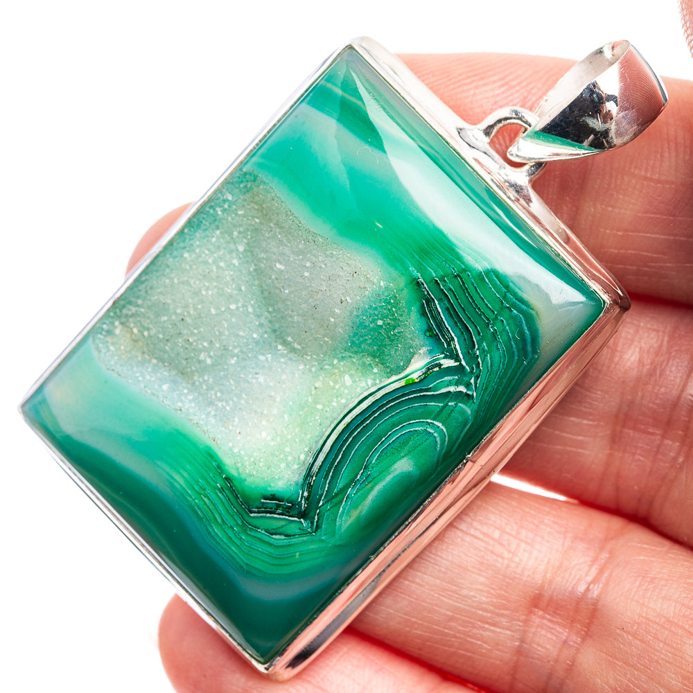 Large Green Agate Druzy Pendant 2 1/8" (925 Sterling Silver) P39037