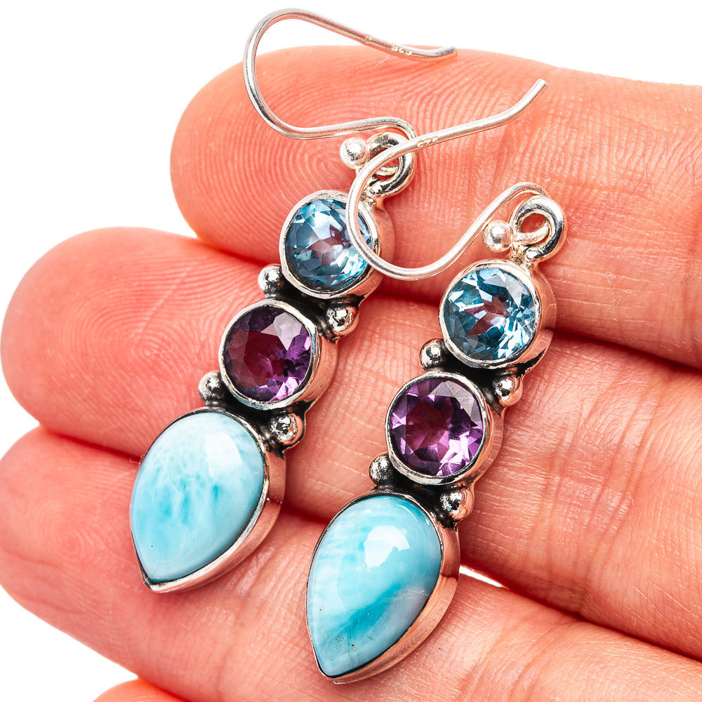 Premium Larimar, Blue Topaz, Amethyst Earrings 1 3/4" (.925 Sterling Silver)