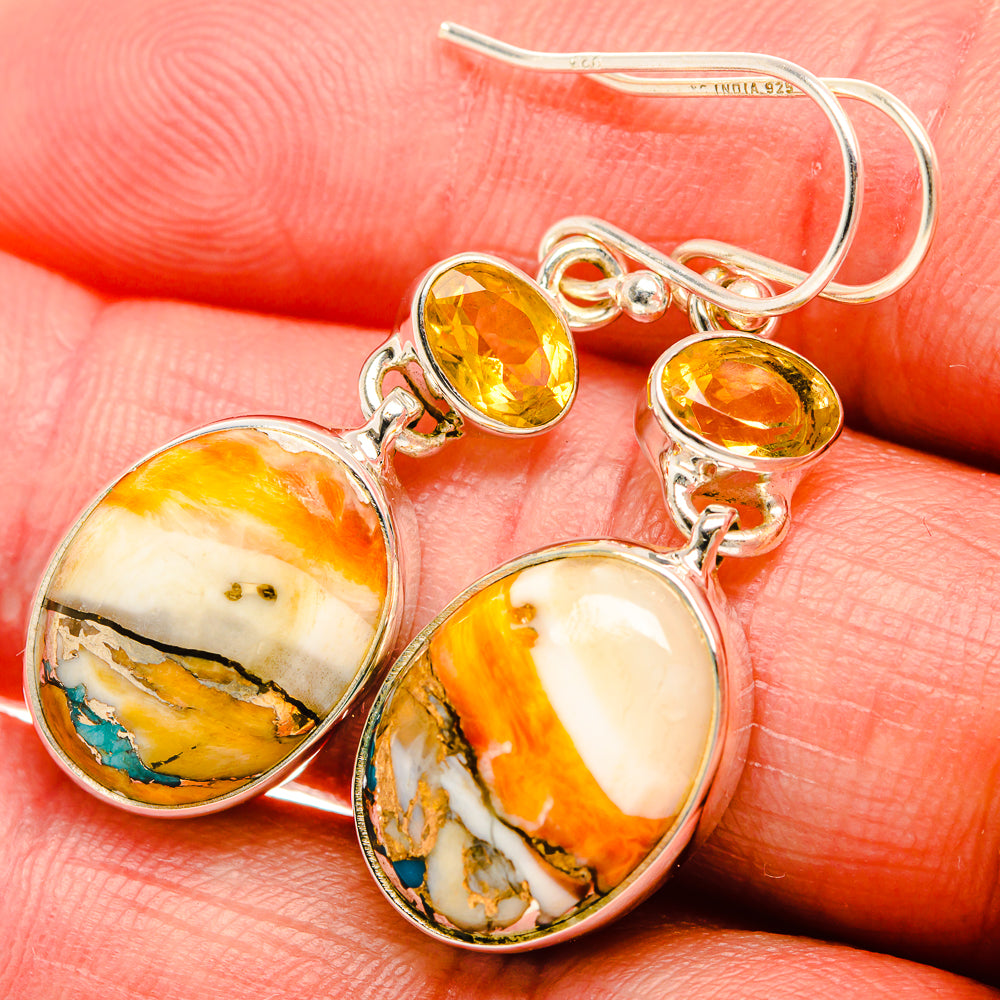 Spiny Oyster Turquoise, Citrine Earrings 1 5/8" (925 Sterling Silver) EARR432055