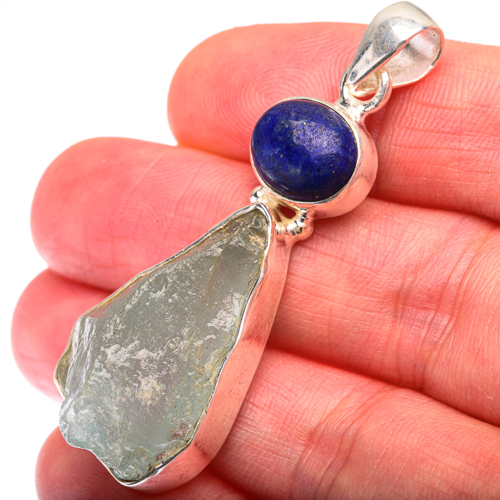Raw Aquamarine, Lapis Lazuli Pendant 2" (925 Sterling Silver) PD38448