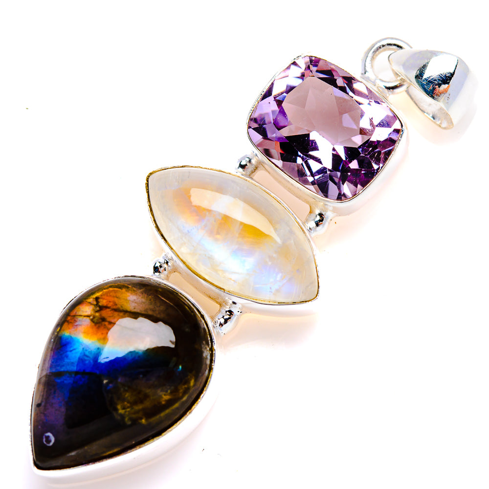 Labradorite, Rainbow Moonstone, Amethyst Pendant 2 1/4" (925 Sterling Silver) PD38118