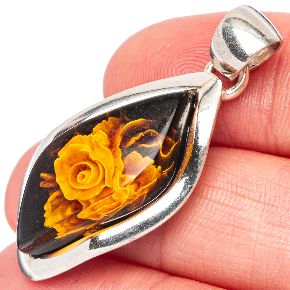 Amber Intaglio Rose Pendant 1 1/2" (925 Sterling Silver) P42560