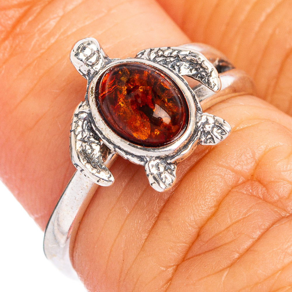 Baltic Amber Sea Turtle Ring Size 4 Adjustable (.925 Sterling Silver)