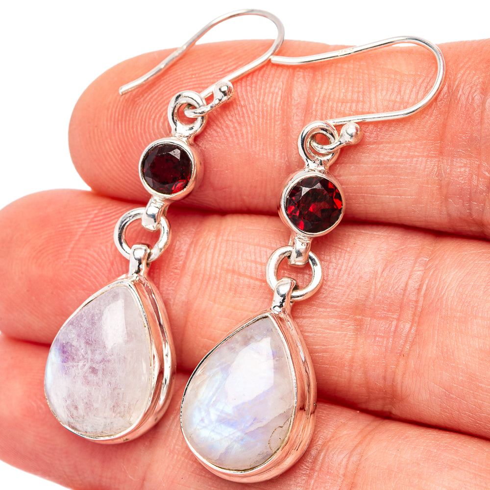 Rainbow Moonstone, Garnet Earrings 1 3/4" (.925 Sterling Silver)