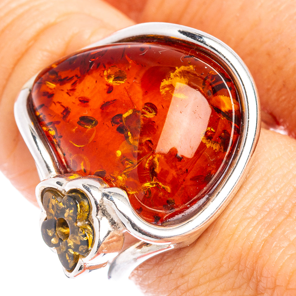 Baltic Amber Flower Ring Size 7 Adjustable (.925 Sterling Silver)