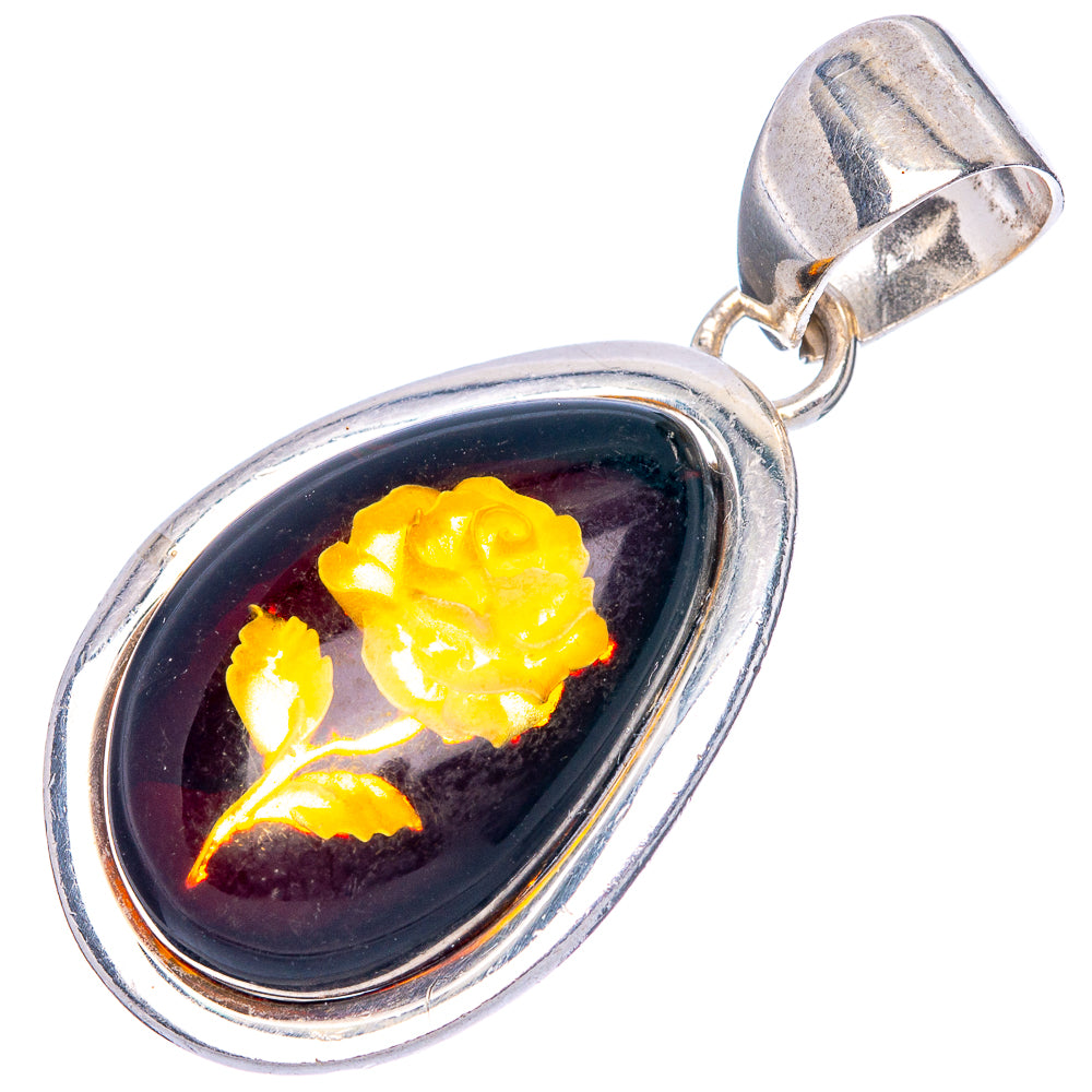Amber Intaglio Rose Pendant 1 5/8" (925 Sterling Silver) P42559