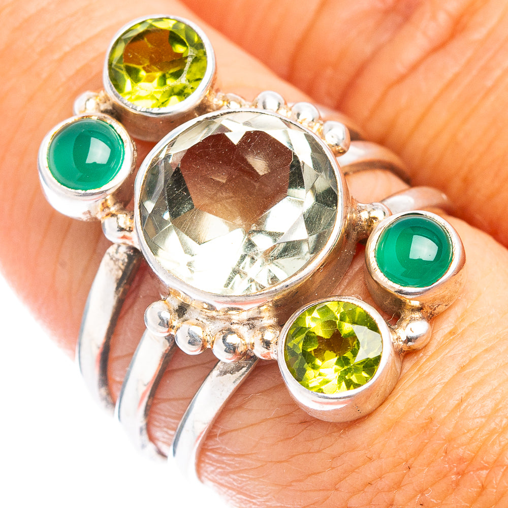 (Classic Series) Green Amethyst, Green Onyx, Peridot Ring Size 7.25 (.925 Sterling Silver)