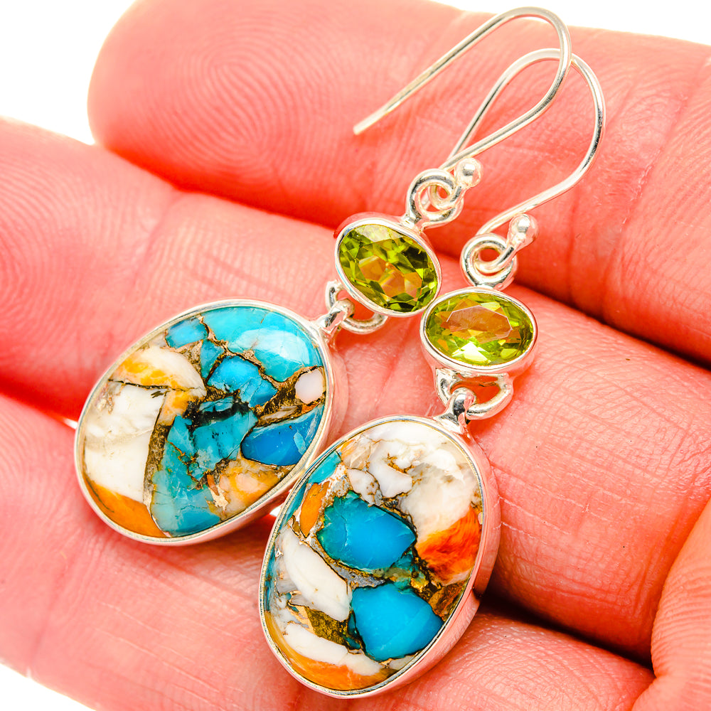 Spiny Oyster Turquoise, Peridot Earrings 1 3/4" (925 Sterling Silver) EARR432038