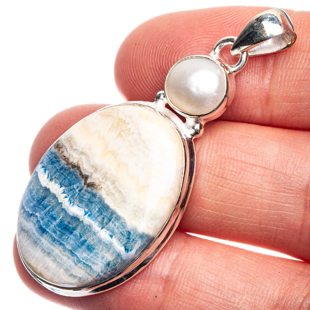 Blue Scheelite, Cultured Pearl Pendant 1 7/8" (925 Sterling Silver) P39219