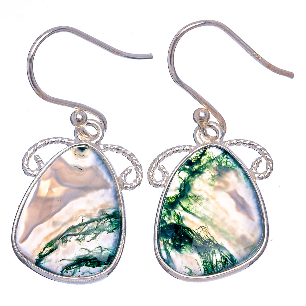 Green Moss Agate Earrings 1 1/4" (.925 Sterling Silver)