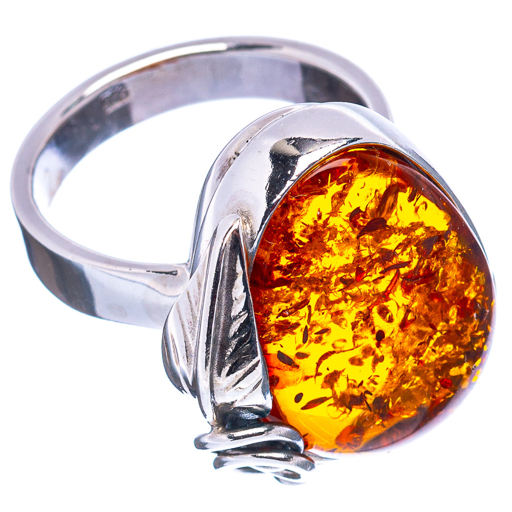 Baltic Amber Leaf Ring Size 7 Adjustable (.925 Sterling Silver)