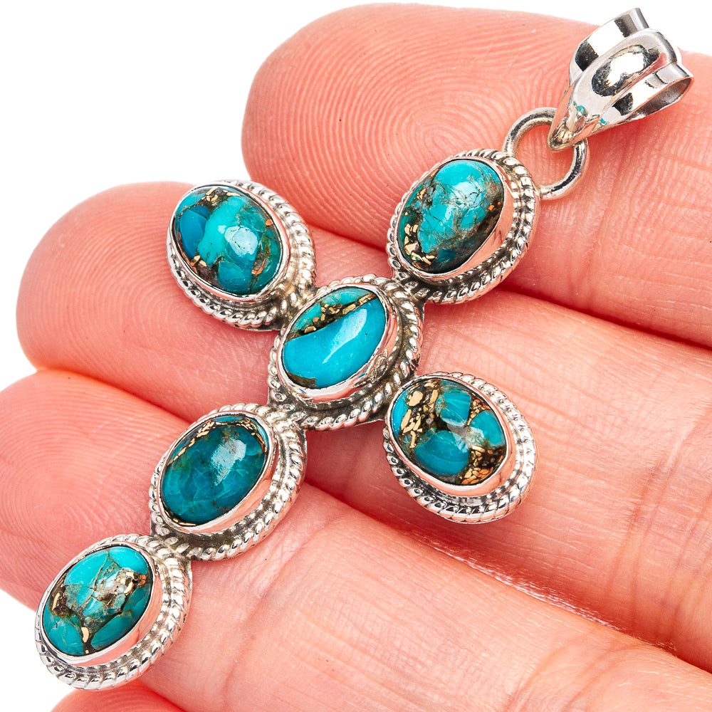 Blue Copper Composite Turquoise Cross Pendant 1 7/8" (925 Sterling Silver) P40339