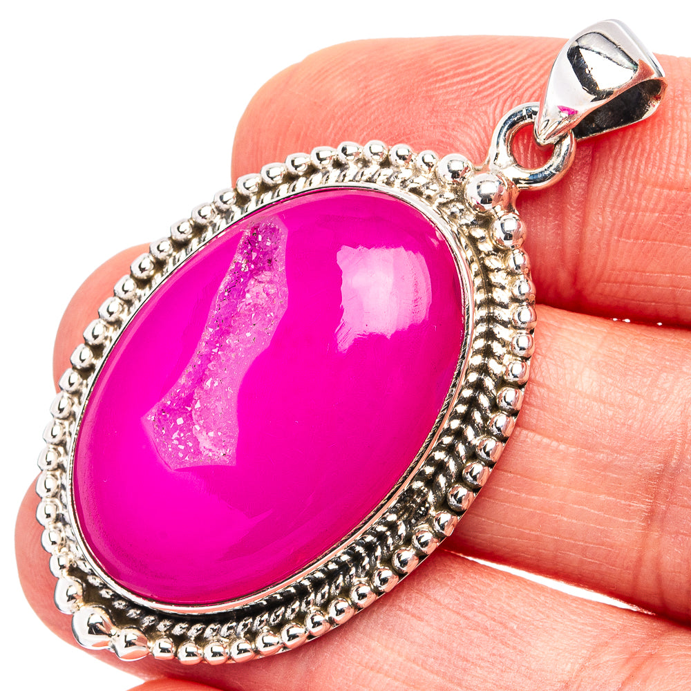 Premium Pink Agate Druzy Pendant 1 7/8" (.925 Sterling Silver)