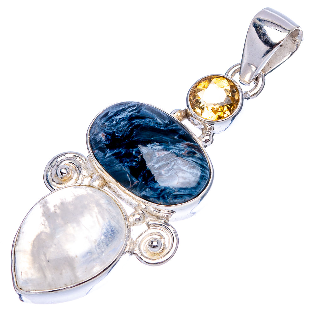 Premium Pietersite, Rainbow Moonstone, Citrine Pendant 1 3/4" (.925 Sterling Silver)