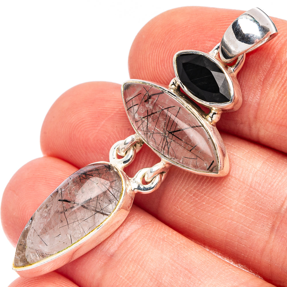 Tourmalinated Quartz, Black Onyx 925 Sterling Silver Pendant 1 7/8" (925 Sterling Silver) P43668