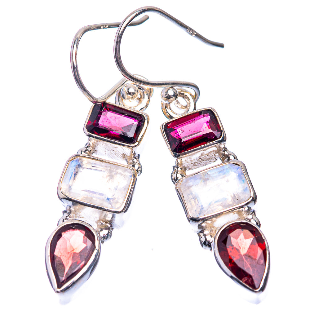Rainbow Moonstone, Garnet Earrings 1 1/2" (925 Sterling Silver) E432452