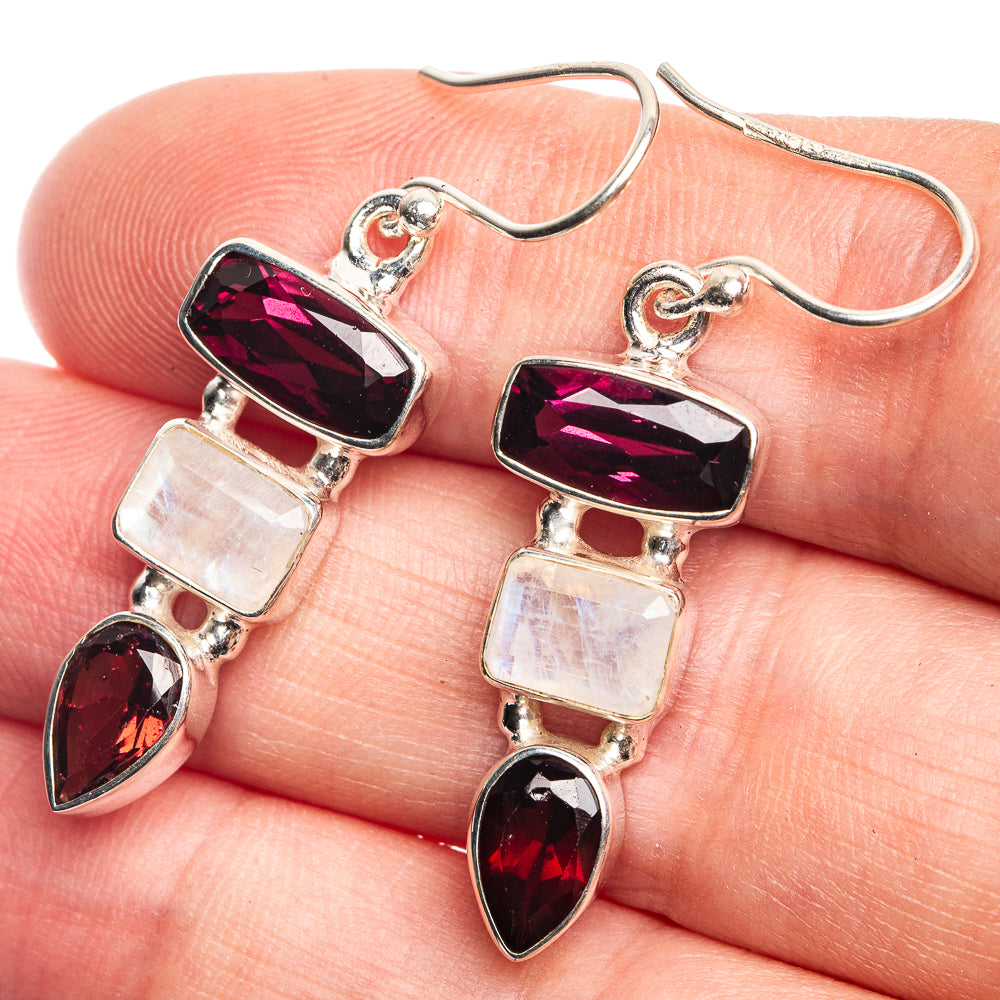 Garnet, Rainbow Moonstone Earrings 1 5/8" (925 Sterling Silver) E432659