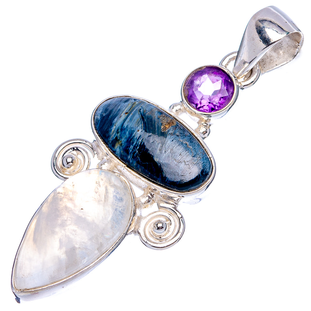 Premium Pietersite, Rainbow Moonstone, Amethyst Pendant 1 7/8" (.925 Sterling Silver)