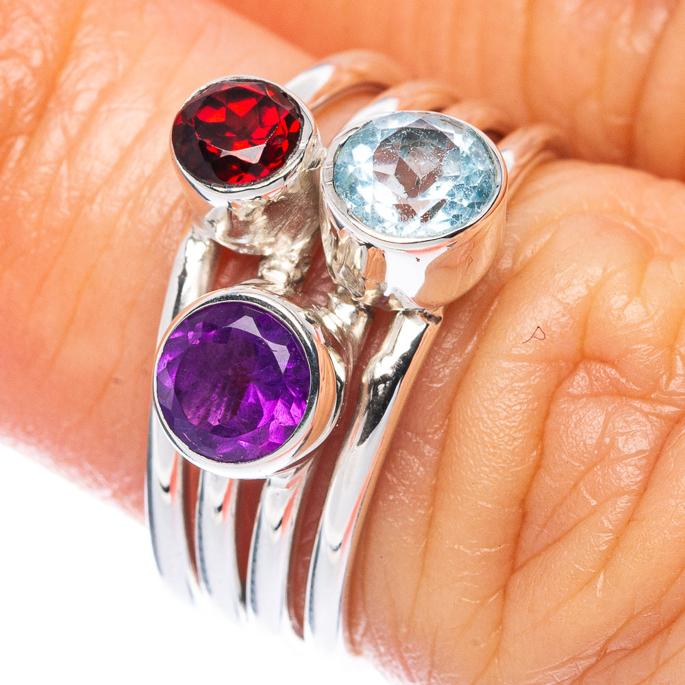 Premium Faceted Amethyst, Blue Topaz, Garnet 925 Sterling Silver Ring Size 5.5 (925 Sterling Silver) R2709