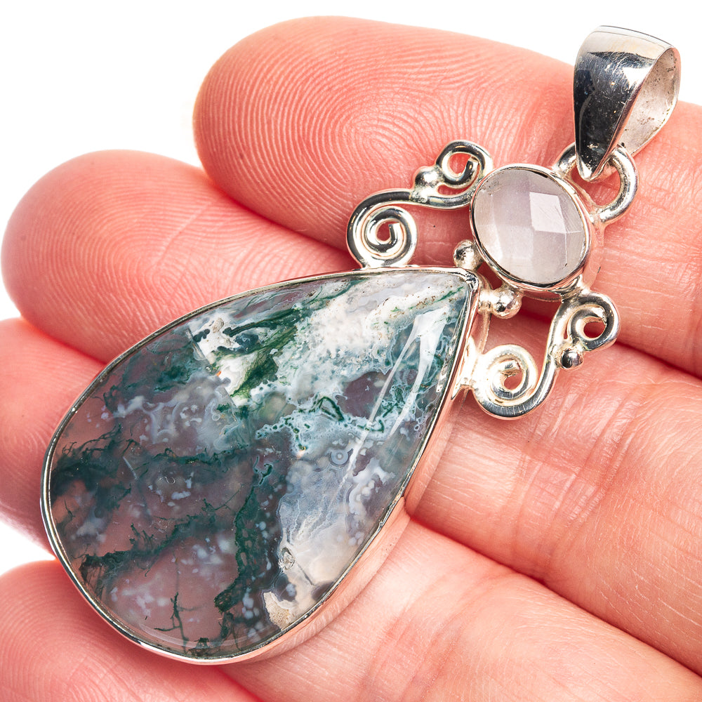 Green Moss Agate, Rainbow Moonstone 925 Sterling Silver Pendant 2"