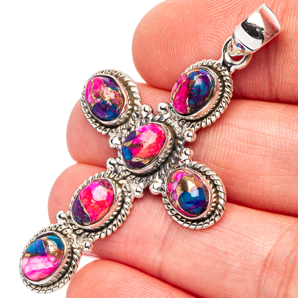 Pink Dahlia Mohave Turquoise Cross Pendant 2 1/8" (.925 Sterling Silver)