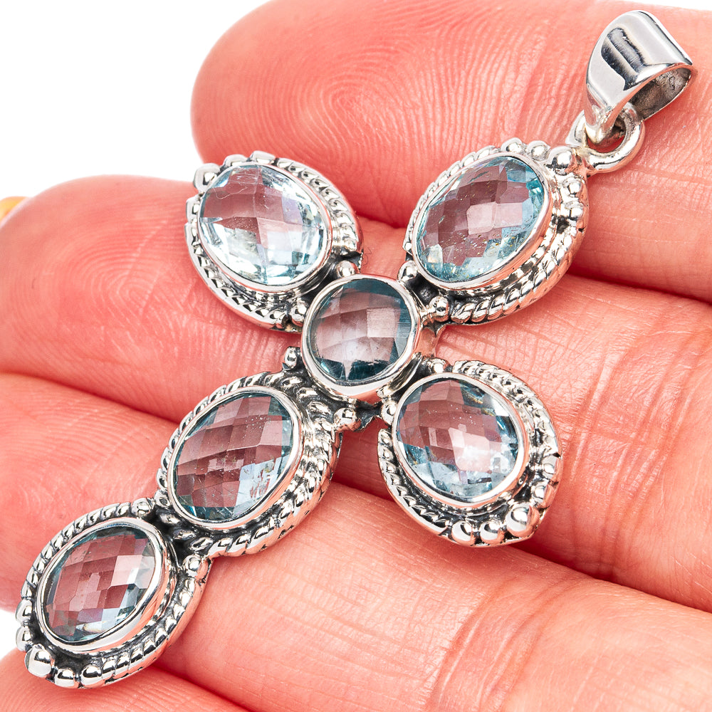 Signature Blue Topaz Cross Pendant 2" (925 Sterling Silver) P41835