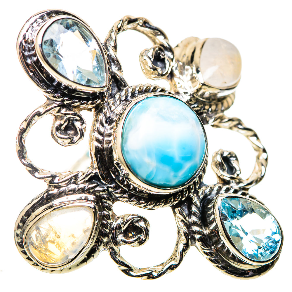 Signature Huge Larimar, Blue Topaz, Rainbow Moonstone Ring Size 8.5 (925 Sterling Silver) RING138179