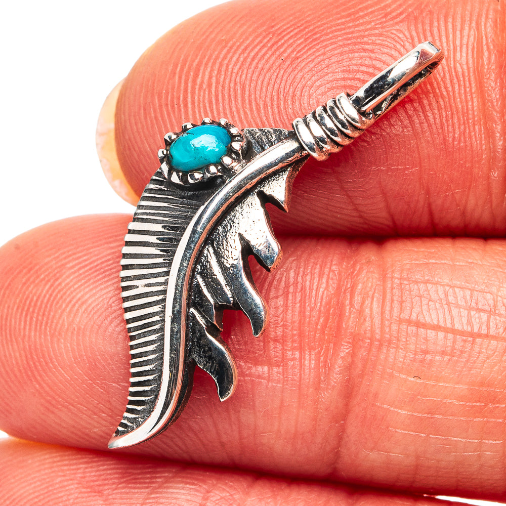 Native Style Mohave Turquoise Feather Pendant 1 1/4" (.925 Sterling Silver)