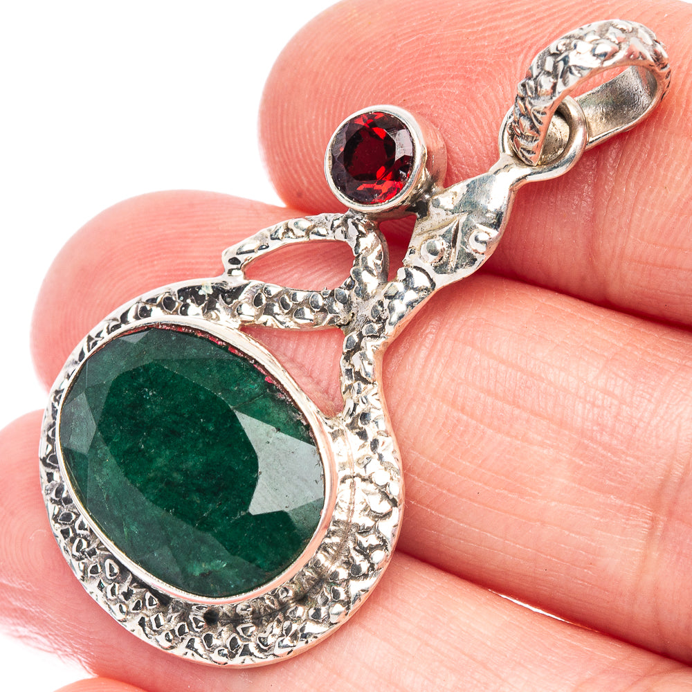 Green Sillimanite, Garnet Snake Pendant 1 5/8" (925 Sterling Silver) P44525
