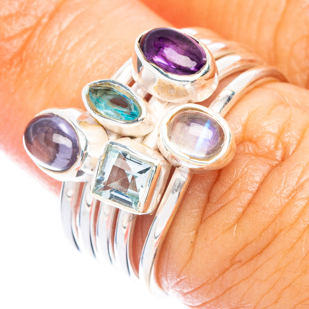 Rainbow Moonstone, Amethyst, Blue Topaz, Tanzanite Ring Size 6.5 (925 Sterling Silver) R7358