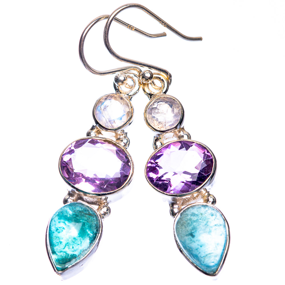 Aquamarine, Amethyst, Rainbow Moonstone Earrings 1 3/4" (925 Sterling Silver) E432620